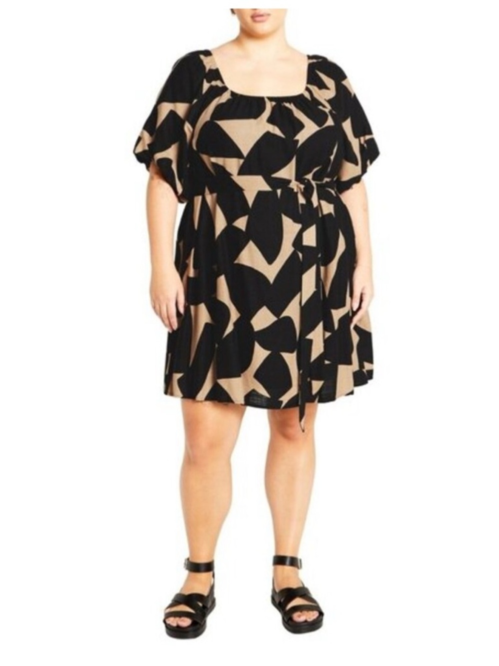 City Chic Black and Beige Printed Tie-Waist Mini Dress